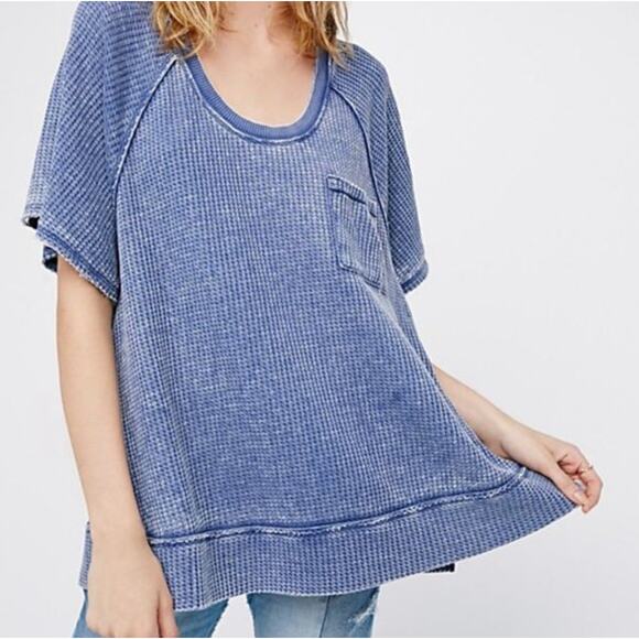 FREE PEOPLE | Blue We The Free Fairmont Waffle Oversized Pocket Tee Medium - Picture 1 of 7